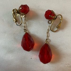 Vintage red glass bead clip on earrings